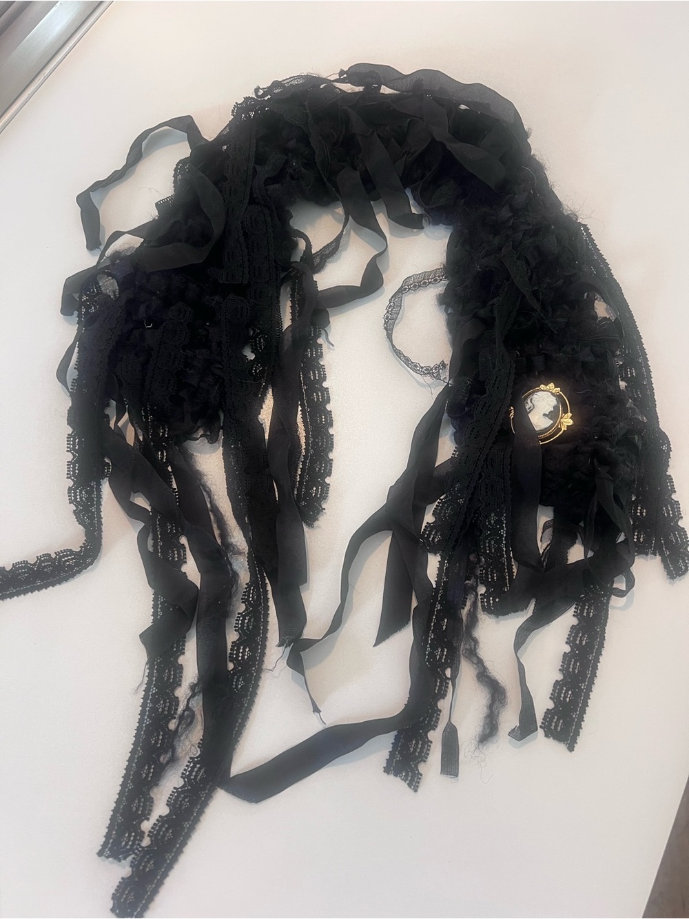 Black Lace Ribbon Mini Scarf with Cameo